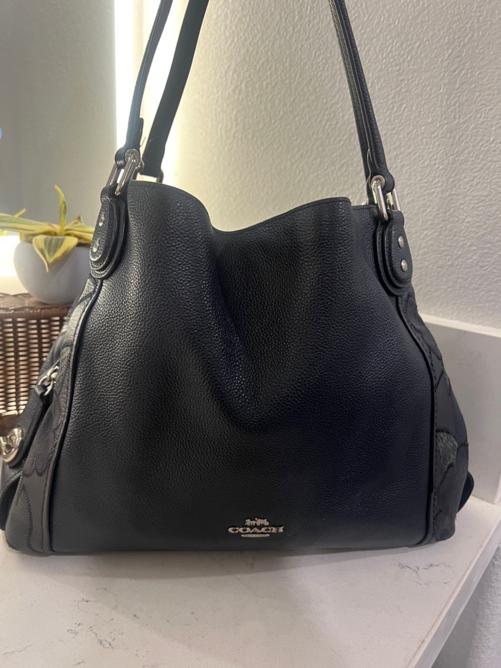 Coach Navy Pebbled Leather Shoulder Hobo,Silver Hardware.Flowers design on sides